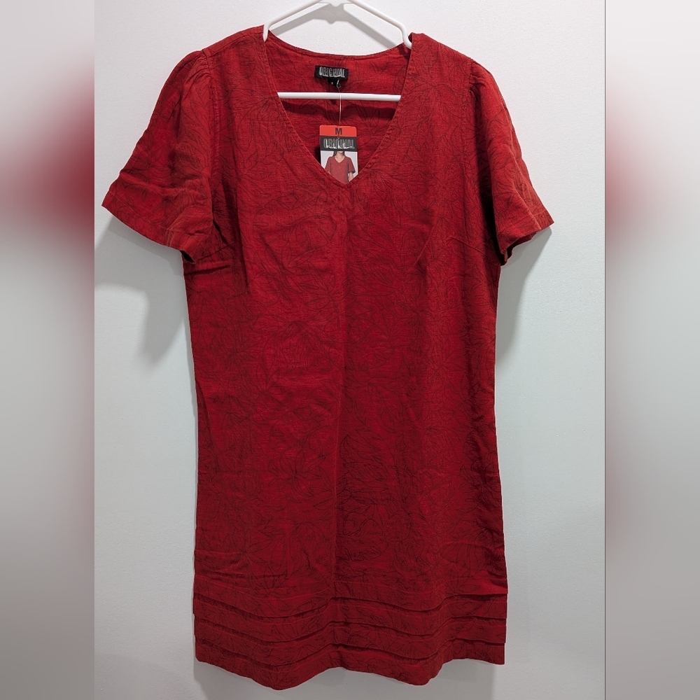 Nicole Miller Dress Women Medium Red Floral Linen Blend Tiered Hem Original